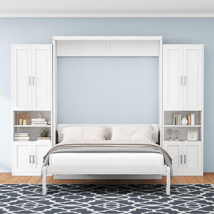 Queen Size Murphy Bed with 2 Side Cabinet Storage Shelves, 68-inch Cabinet Bed Folding Wall Bed with Desk Combo Perfect for Guest Room, Study, Office,White(old sku:BS7013008104C)