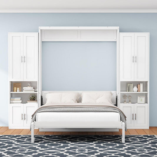 Queen Size Murphy Bed with 2 Side Cabinet Storage Shelves, 68-inch Cabinet Bed Folding Wall Bed with Desk Combo Perfect for Guest Room, Study, Office,White(old sku:BS7013008104C)