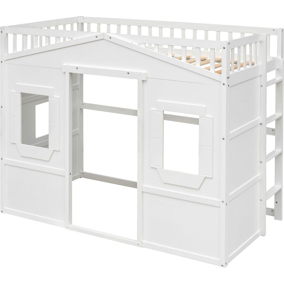 Twin Size House Loft Bed With Ladder-White