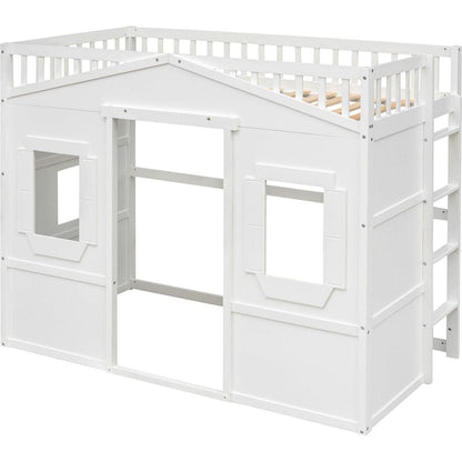 Twin Size House Loft Bed With Ladder-White