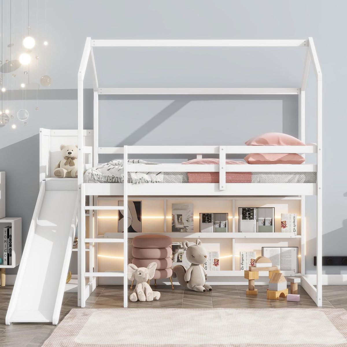 Twin Size Wood House Loft bed with Slide, Storage shelves and Light, White