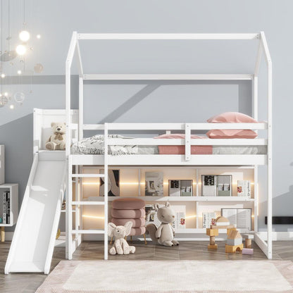 Twin Size Wood House Loft bed with Slide, Storage shelves and Light, White