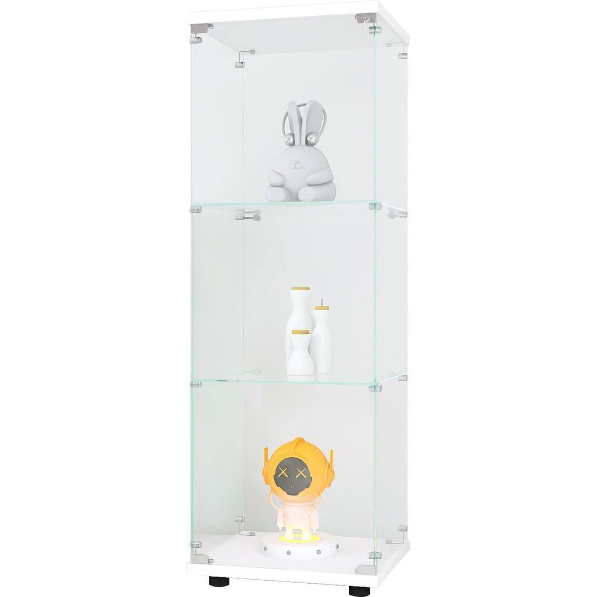 Glass Display Cabinet with 3 Shelves, One-Door Curio Cabinets for Living Room, Bedroom, Office, White Floor Standing Glass Bookshelf, Quick Installation
