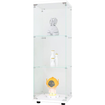 Glass Display Cabinet with 3 Shelves, One-Door Curio Cabinets for Living Room, Bedroom, Office, White Floor Standing Glass Bookshelf, Quick Installation