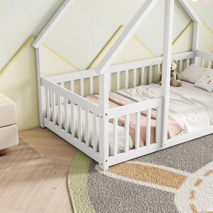 Twin Wood House-Shaped Floor Bed with Fence, Guardrails, White