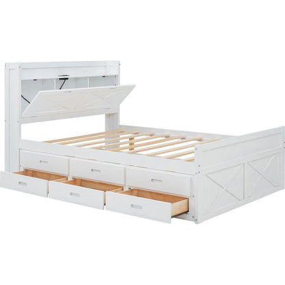 Full Size Wooden Bed with Storage Headboard with Outlets, Extendable Bed with Twin Size Trundle with Three Storage Drawers,White