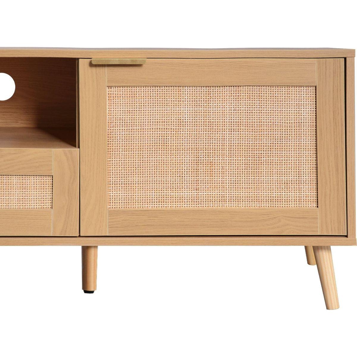 Rattan TV Stand for TVs up to 85", Modern Farmhouse Media Console, Entertainment Center with Solid Wood Legs, TV Cabinet for Living Room,Home Theatre