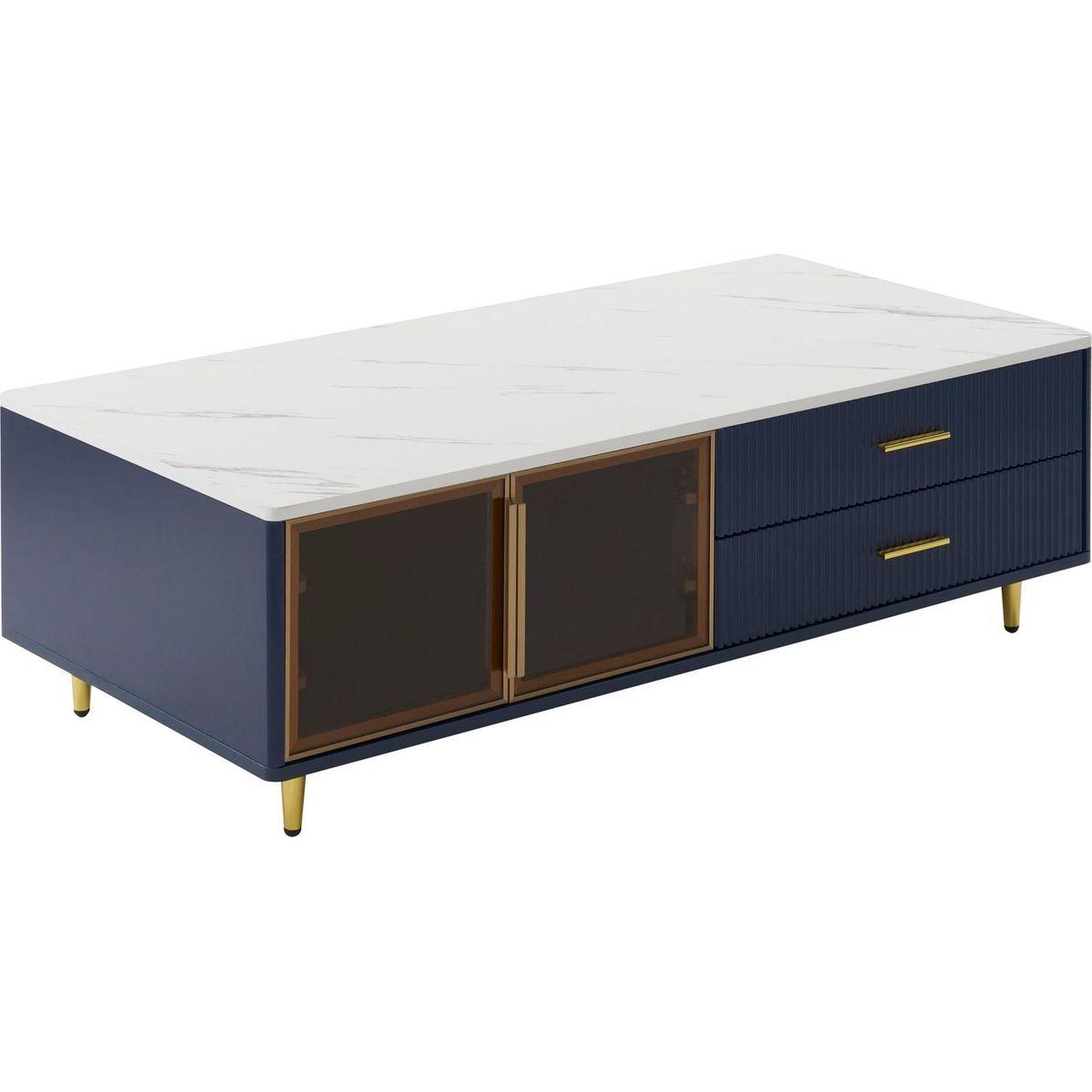 Modern Navy Blue Coffee Table with 2 Glass Door Storage, 4 Drawers, Gold Metal Legs, and Multi-Color Lighting in 47.2"