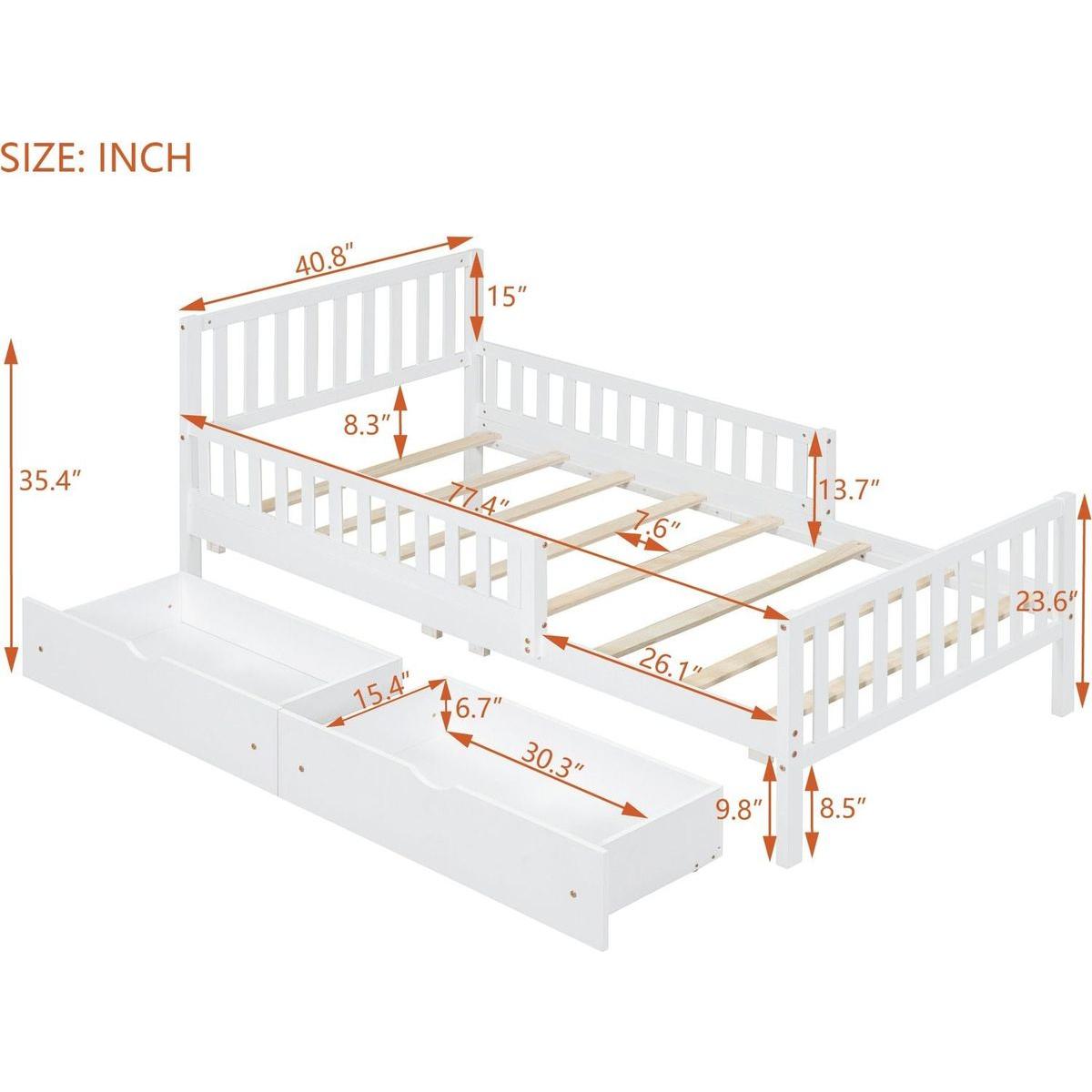 Twin Size Wood Platform Bed with Guardrails on Both Sides and Two Storage Drawers, White