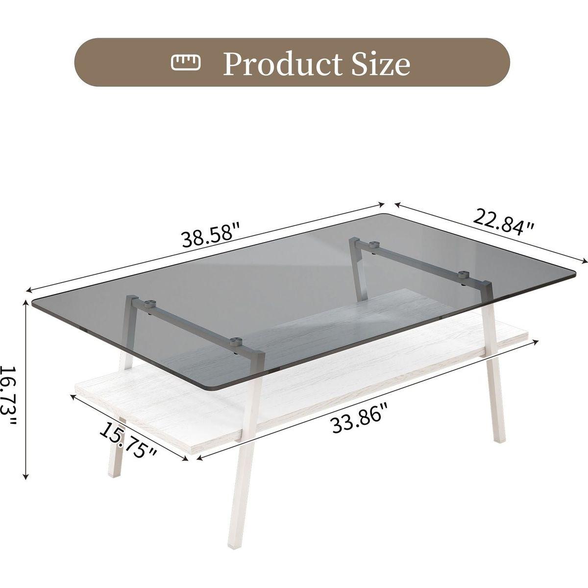 Rectangle Coffee Table, Tempered Glass Tabletop with White Metal Legs, Modern Table for Living Room, Gray Glass