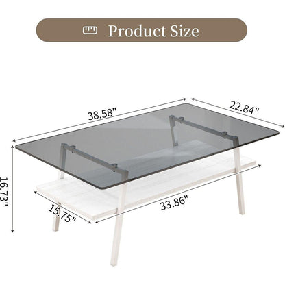 Rectangle Coffee Table, Tempered Glass Tabletop with White Metal Legs, Modern Table for Living Room, Gray Glass