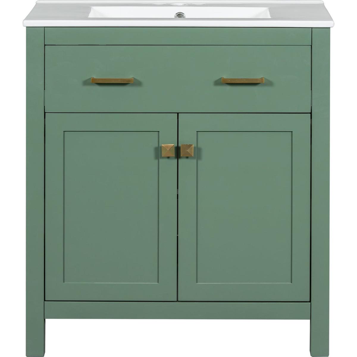 30-inch Bathroom Vanity with Ceramic Sink, Modern Green Single Bathroom Cabinet with 2 Doors and a Shelf, Soft Close Doors