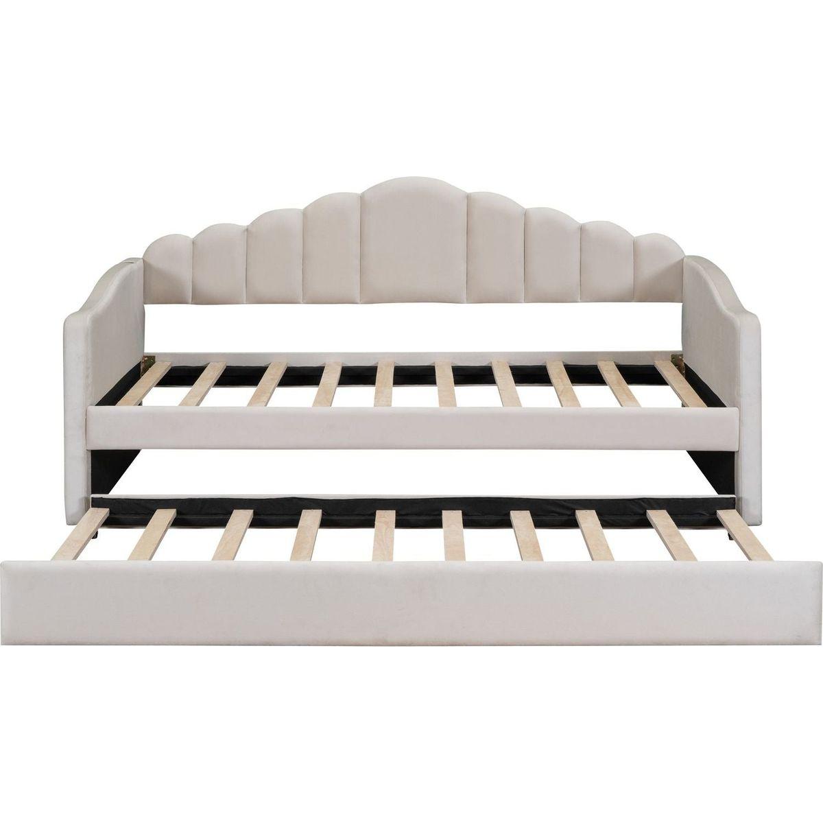 Twin size Upholstered Daybed with Trundle, Velvet Sofabed with USB Charging Ports,No Box-spring Needed,Beige