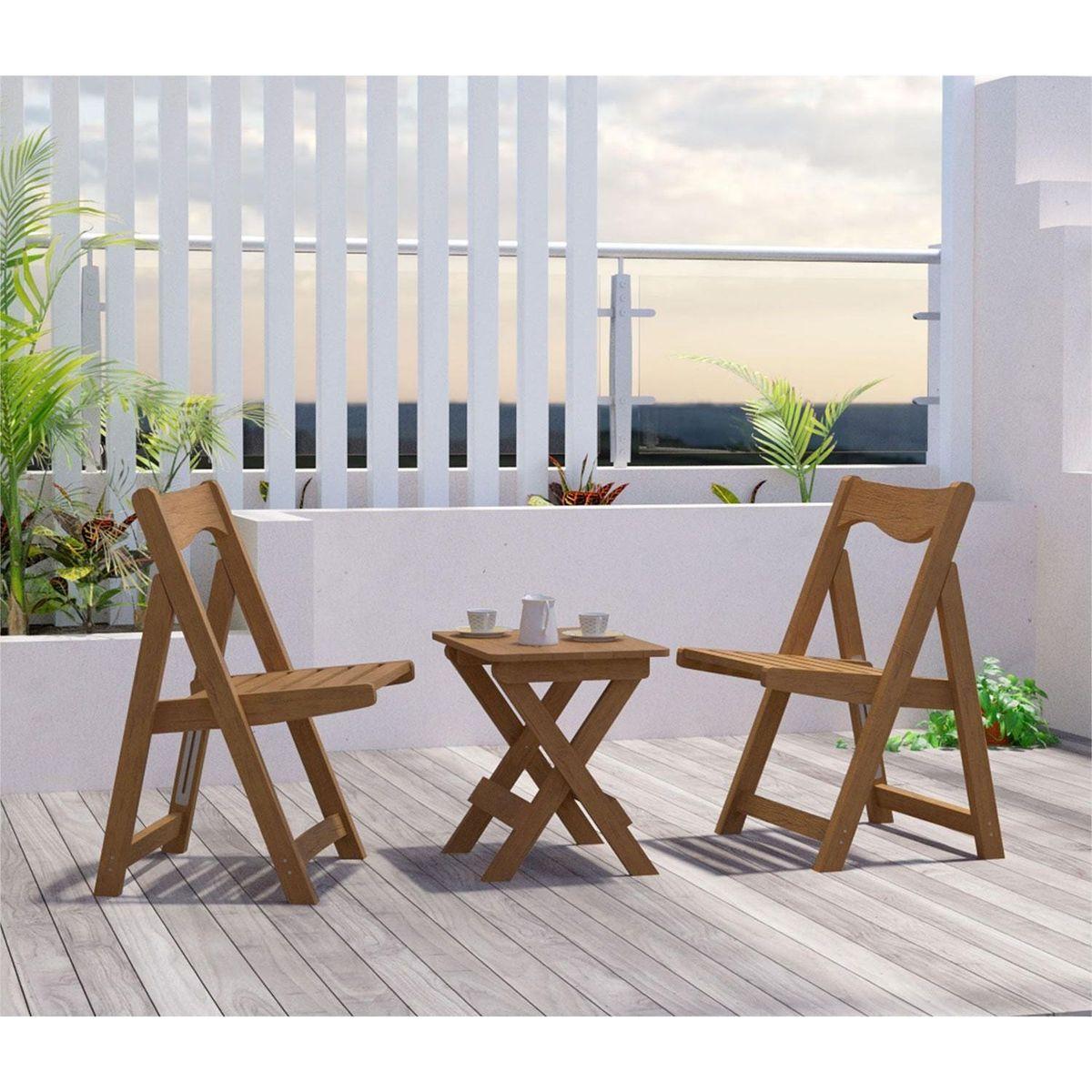 HIPS Material Outdoor Bistro Set Foldable Small Table and Chair Set with 2 Chairs and Rectangular Table, Teak