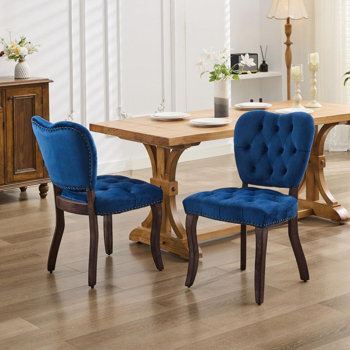 French Vintage Tufted Upholstered Fabric Dining Chair,Set of 2,Blue