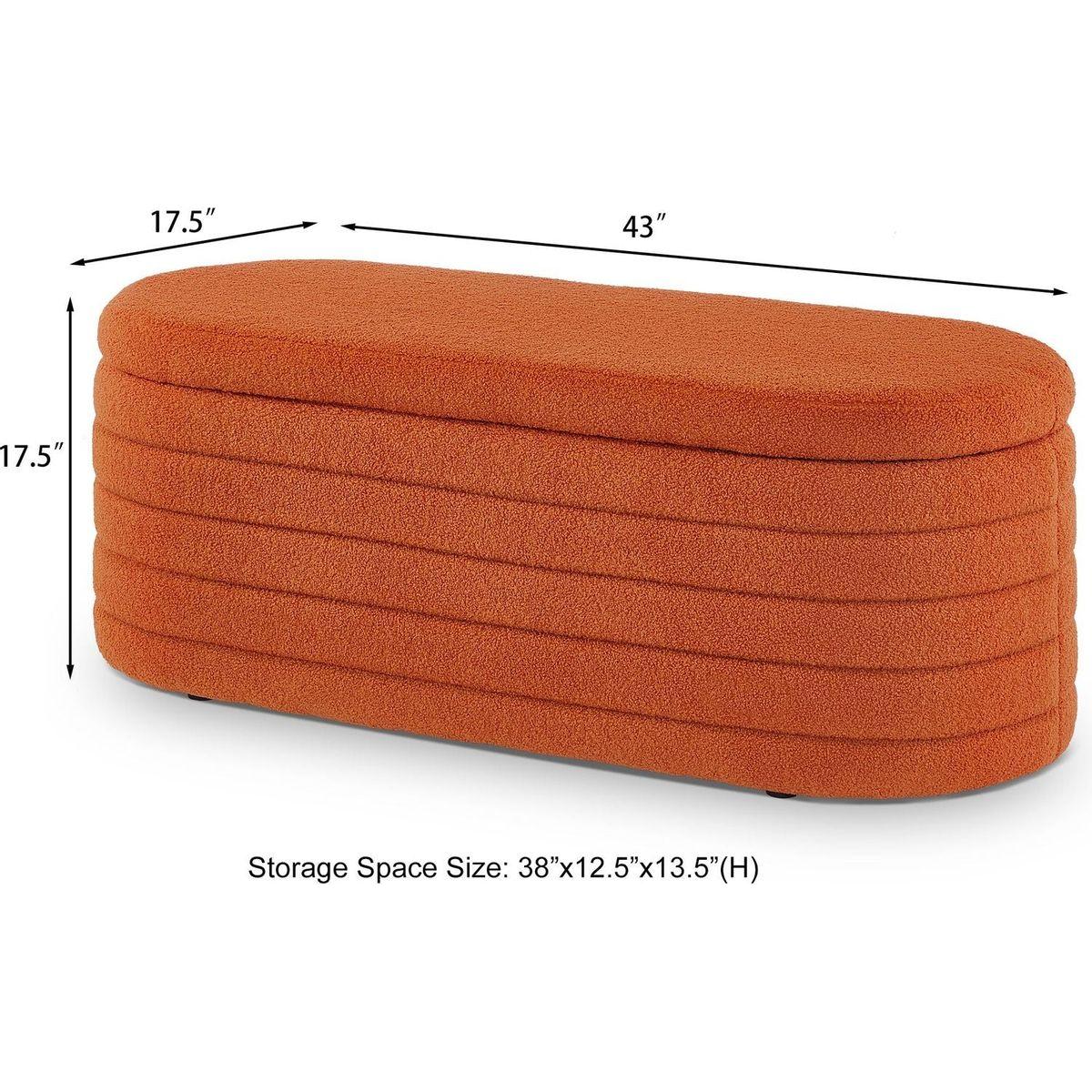 Modern Oval Storage Ottoman Bench, Upholstered Boucle Teddy Fabric End of Bed Bench with Storage, End of Bed Stool with Safety Hinge for Bedroom, Living Room, Entryway, Orange