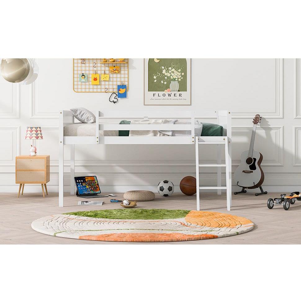 Full Size Wood Low Loft Bed with Ladder, ladder can be placed on the left or right, White(O