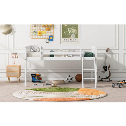 Full Size Wood Low Loft Bed with Ladder, ladder can be placed on the left or right, White(O