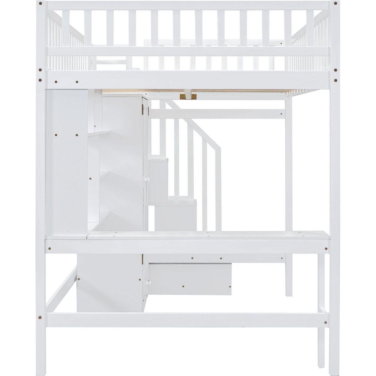 Full size Loft Bed with Bookshelf,Drawers,Desk,and Wardrobe-White
