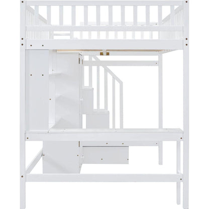 Full size Loft Bed with Bookshelf,Drawers,Desk,and Wardrobe-White