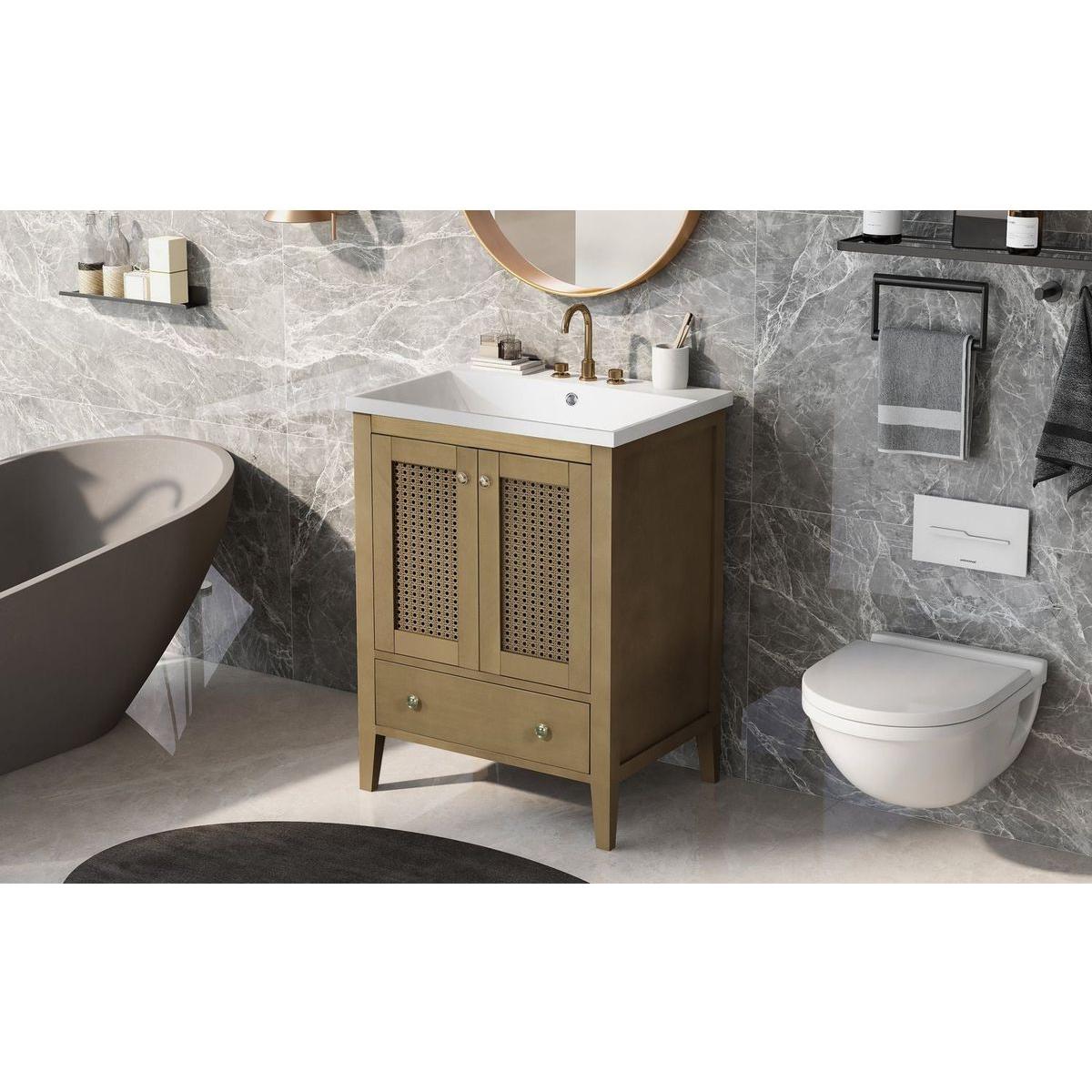 24" Bathroom Vanity with Ceramic Basin, Rattan Bathroom Storage Cabinet with Two Doors and Drawer, Solid Frame, Natural