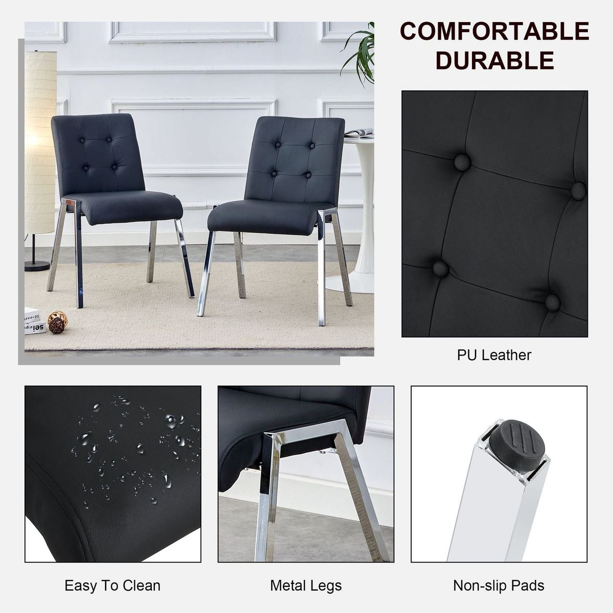 Grid armless high backrest dining chair, electroplated metal legs, black 2-piece set, office chair. Suitable for restaurants, living rooms, kitchens, and offices. XS-0809