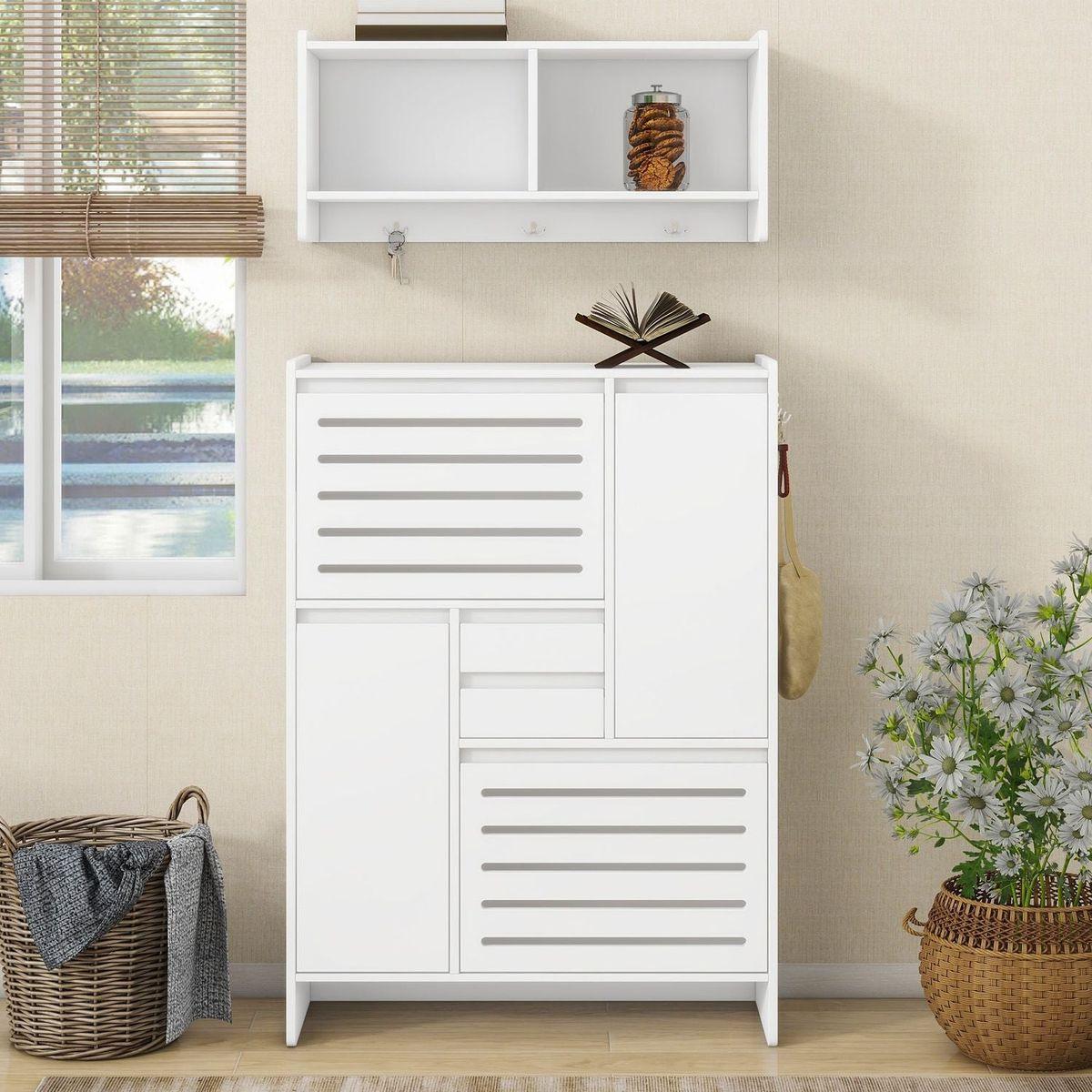 Multi-Functional Shoe Cabinet with Wall Cabinet, Space-saving Design Foyer Cabinet with 2 Flip Drawers, Versatile Side Cabinet for Hallway, White