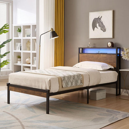 Twin Size Metal Platform Bed Frame with Wooden Headboard and Footboard with USB LINER, LED Lights, No Box Spring Needed, Large Under Bed Storage, Easy Assemble