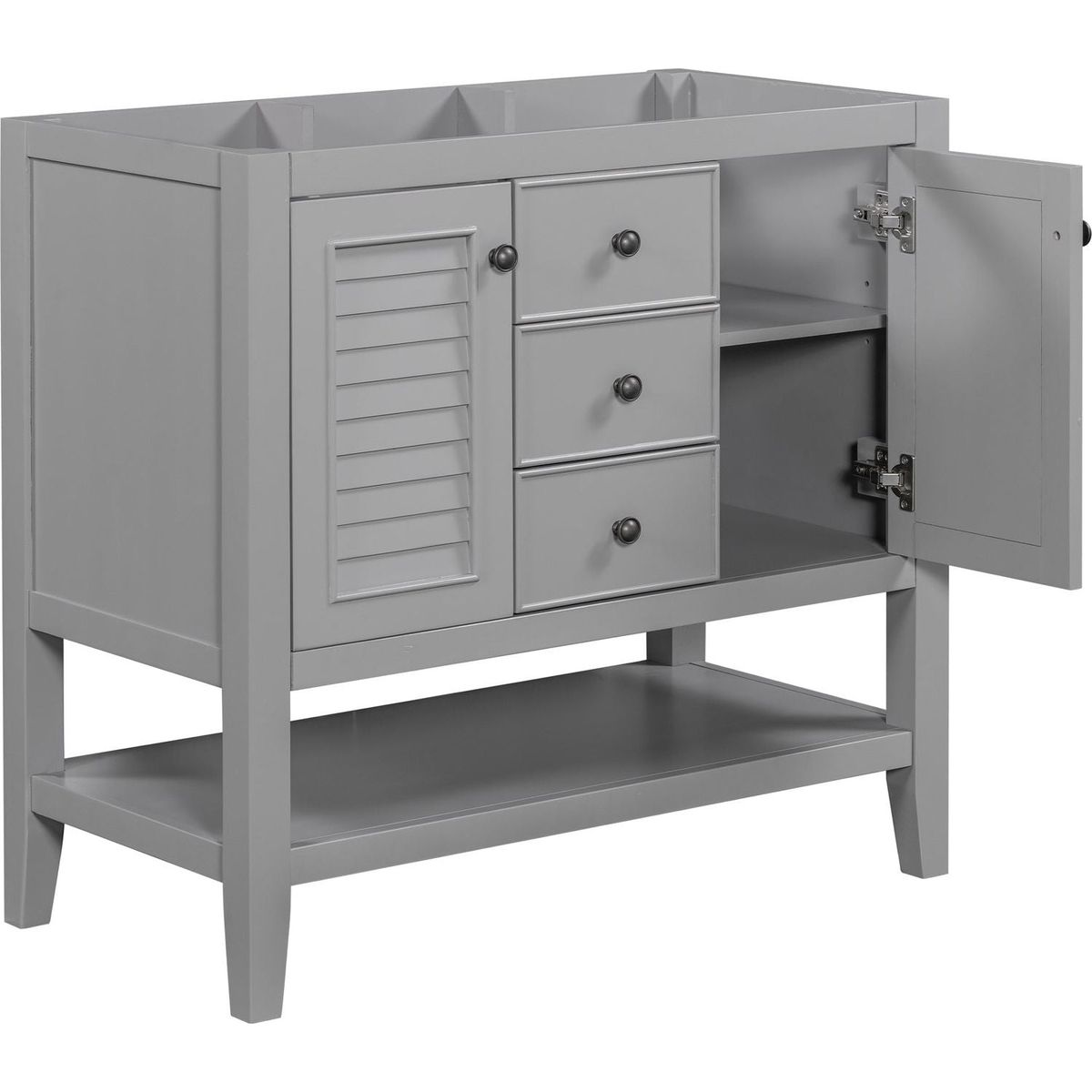 36" Bathroom Vanity without Sink, Cabinet Base Only, Two Cabinets and Drawers, Open Shelf, Solid Wood Frame, Grey