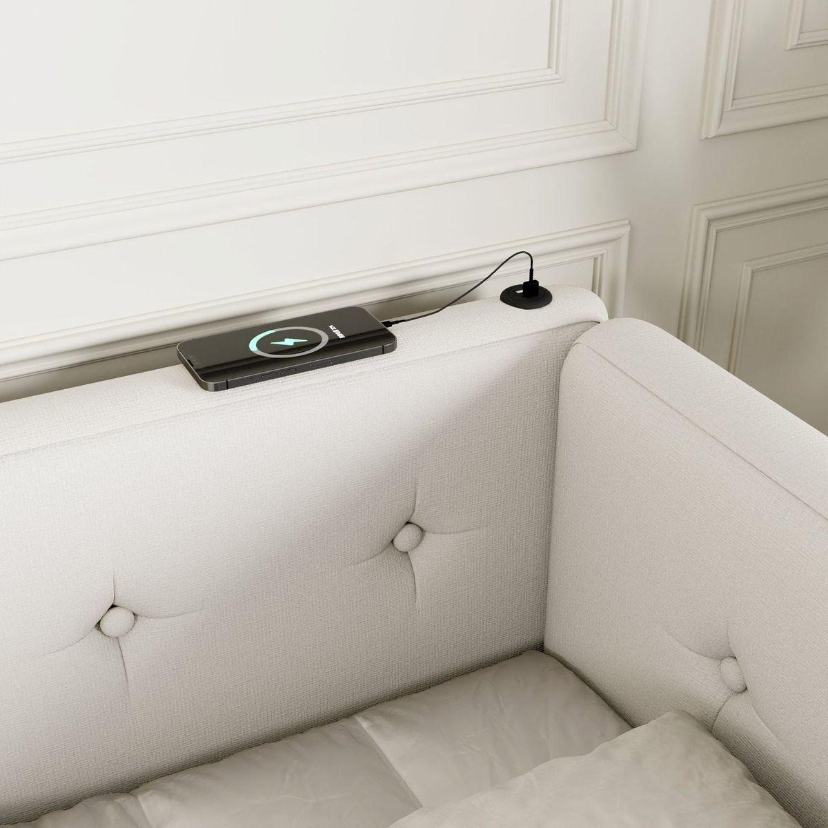 Upholstered Queen Size platform bed with USB Ports, Beige