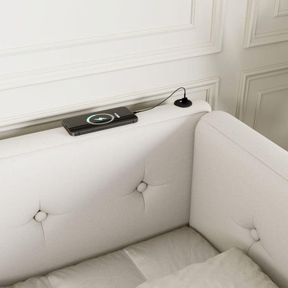 Upholstered Queen Size platform bed with USB Ports, Beige
