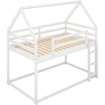 Twin over Twin Low Bunk Bed, House Bed with Ladder, White