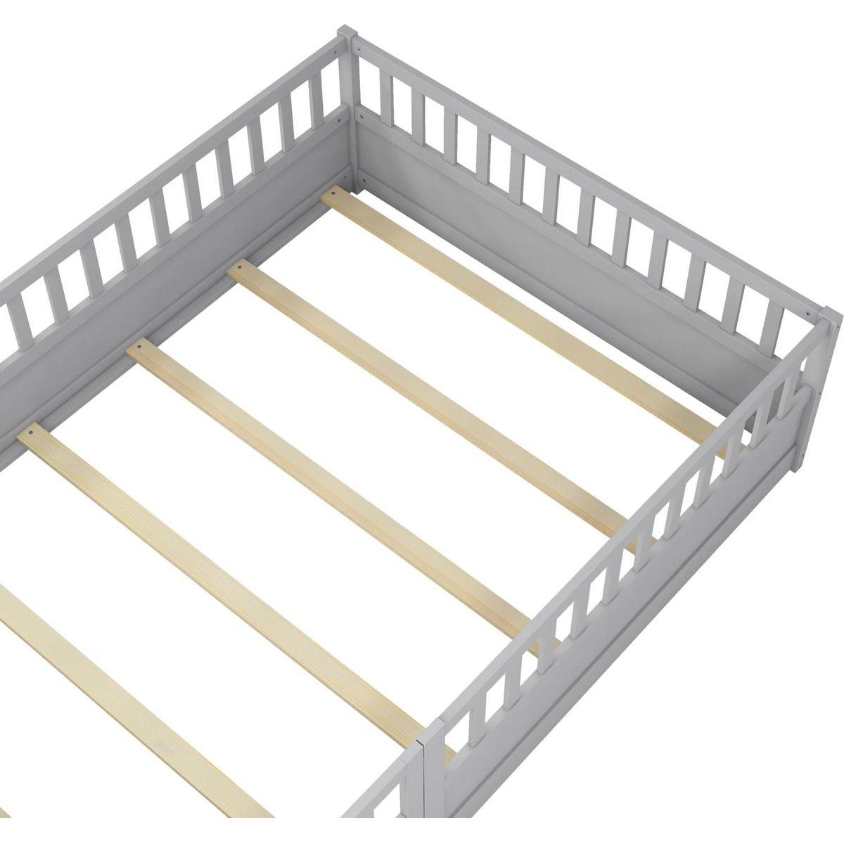 Full size Floor bed, integral construction with super high security barrier, door, children's floor bed frame, Montessori wooden children's floor bed, Support slat Grey