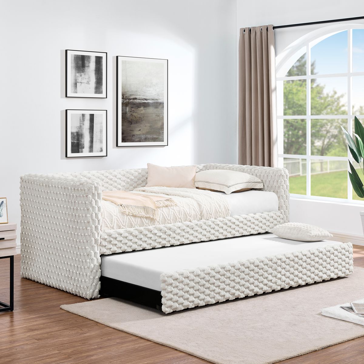 Twin Size Daybed, Upholstered sofa bed,The bottom pulls out to form a bed ,Plaid corduroy fabric- beige(86'*43.5'*34')