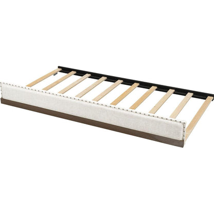 Full Size Upholstered Daybed with Trundle and Nailhead Decoration, Wood Color