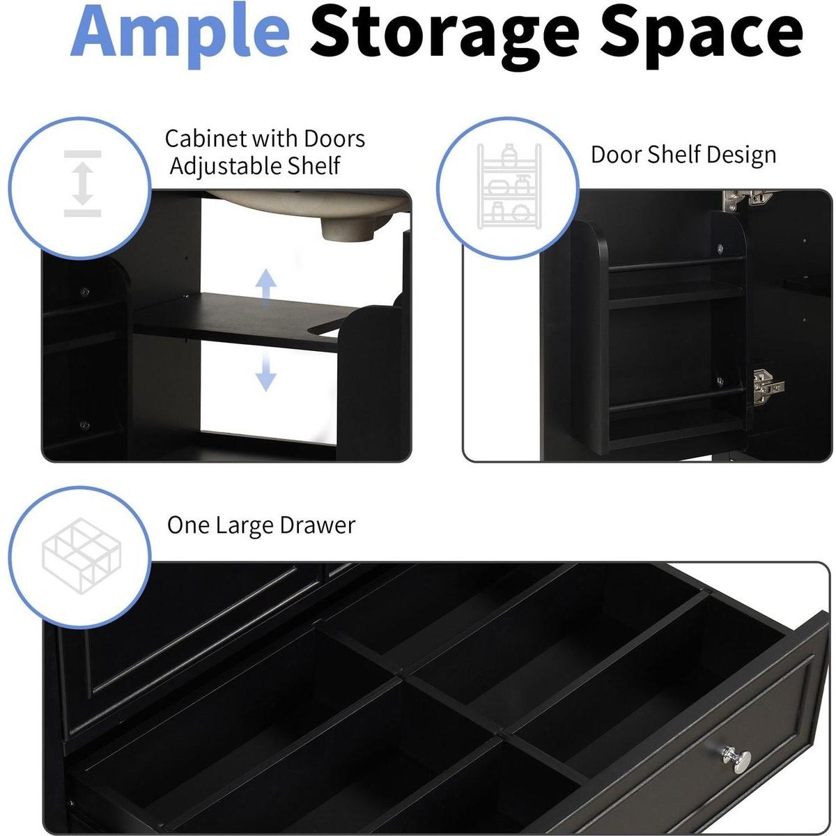 30" Bathroom Vanity with Sink Combo, Multi-functional Bathroom Cabinet with Doors and Drawer, Solid Wood and MDF Board, Black