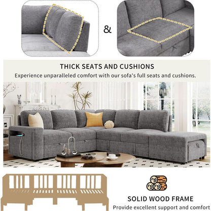L-shaped Padded Modular Sofa with Storage Space, USB Ports, and Cup Holders on the Armrests, Suitable for Living Rooms, Offices, and Apartments.