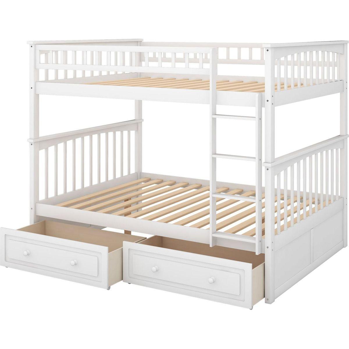 Full over Full Bunk Bed with Drawers, Convertible Beds, White