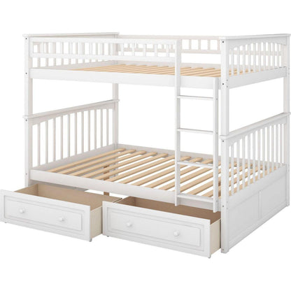 Full over Full Bunk Bed with Drawers, Convertible Beds, White