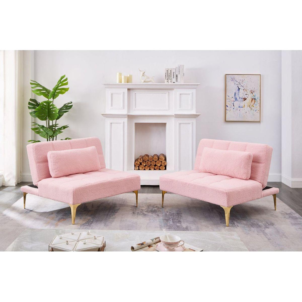 71" Convertible sofa bed futon with gold metal legs teddy fabric (Pink)