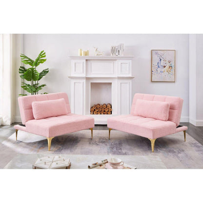 71" Convertible sofa bed futon with gold metal legs teddy fabric (Pink)