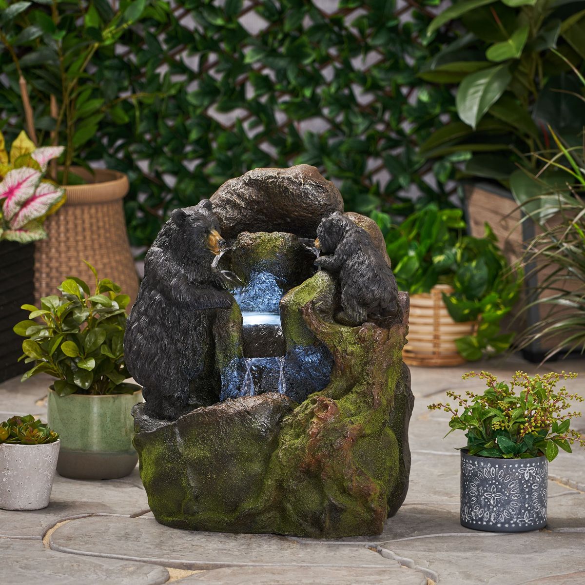23.75' High Hand Crafted Weather Resistant Floor Fountain, Moss + Black