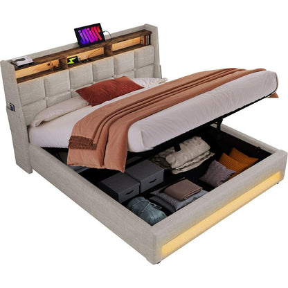 Queen size Upholstered Platform bed with a Hydraulic Storage System, LED and USB Charging, Natural (without mattress)