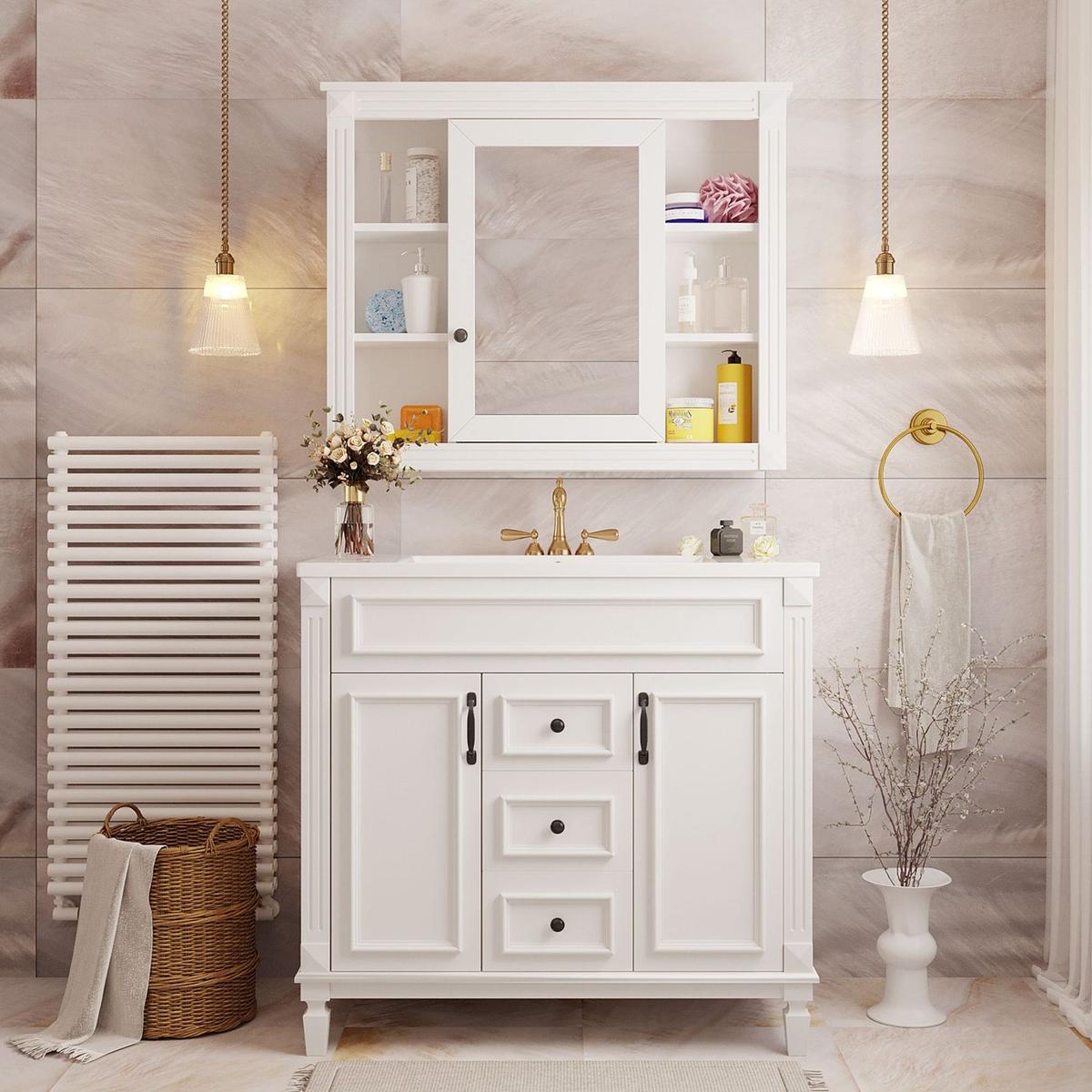 36" Bathroom Vanity with Top Sink, White Mirror Cabinet, Modern Bathroom Storage Cabinet with 2 Soft Closing Doors and 2 Drawers, Single Sink Bathroom Vanity