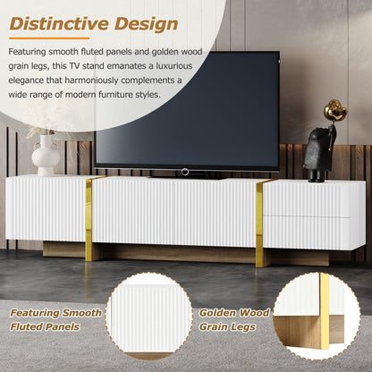 Luxury Fluted TV Stand for TVs Up to 80", Modern Entertainment Center with Storage Cabinets & Drawers, Smooth Media Console with Golden Wood Grain Legs for Living Room, White