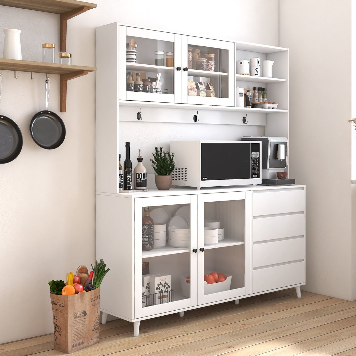 63' W Large Kitchen Hutch Cabinet, Freestanding Pantry Cabinets Storage Kitchen Cupboard with 4 Doors, 4 Drawers & Microwave Shelf, White