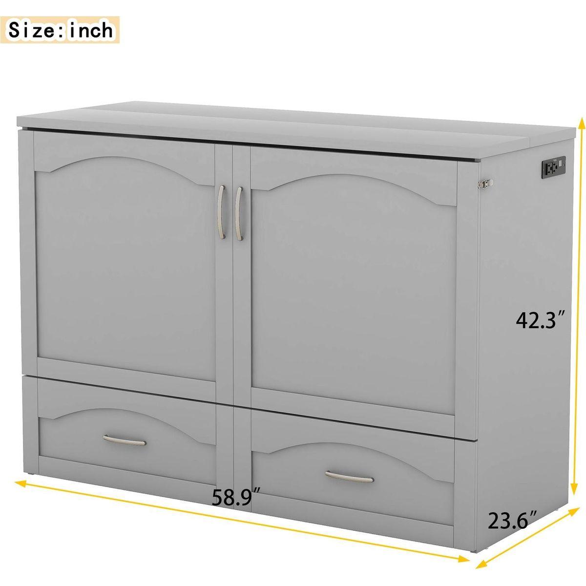 Full Size Murphy Bed Wall Bed with drawer and a set of Sockets & USB Ports, Pulley Structure Design, Gray
