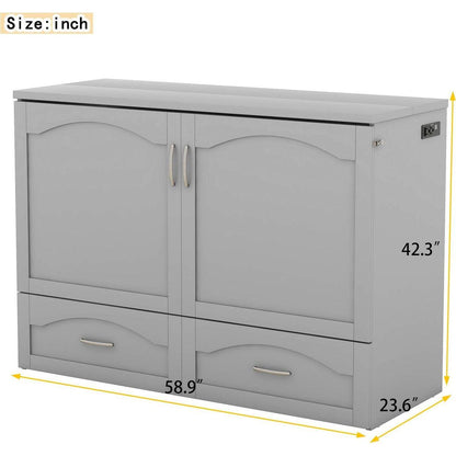 Full Size Murphy Bed Wall Bed with drawer and a set of Sockets & USB Ports, Pulley Structure Design, Gray