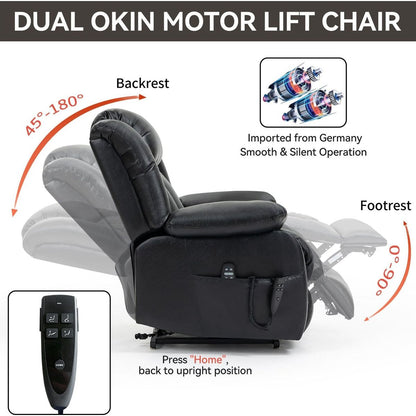 Dual Motor Infinite Position Up to 350 LBS Electric Medium size Genuine Leather Black Power Lift Recliner Chair with 8-Point Vibration Massage and Lumbar Heating