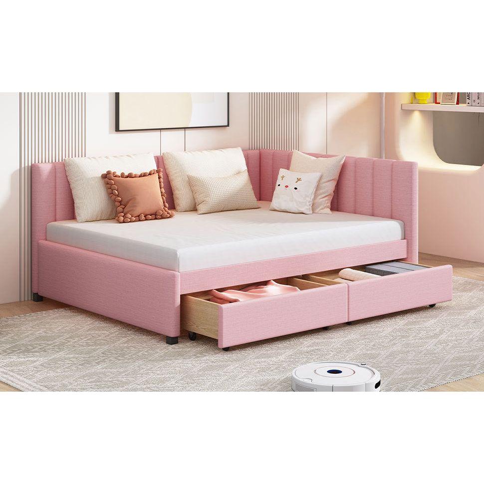 Full Size Upholstered Daybed with 2 Storage Drawers Sofa Bed Frame No Box Spring Needed, Linen Fabric (Pink)